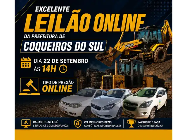 Excelente leilão ONLINE da Prefeitura de Coqueiros do Sul - Dia 22 de setembro às 14h