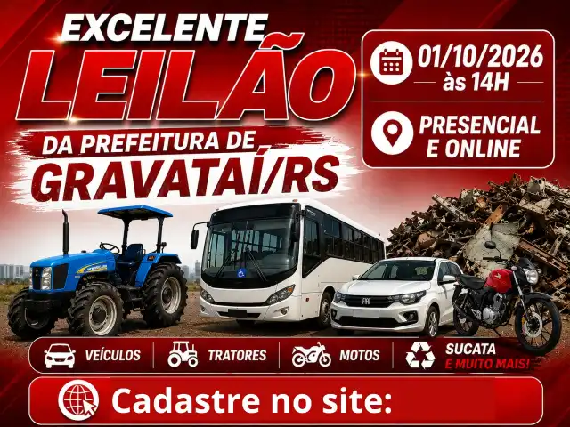 Excelente leilão da Prefeitura de Gravataí/RS - Dia 01 de outubro de 2026 às 14h