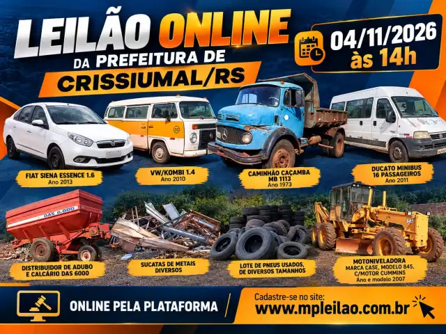 Excelente leilão online da Prefeitura de Crissiumal/RS - Dia 04 de novembro de 2026 às 14h