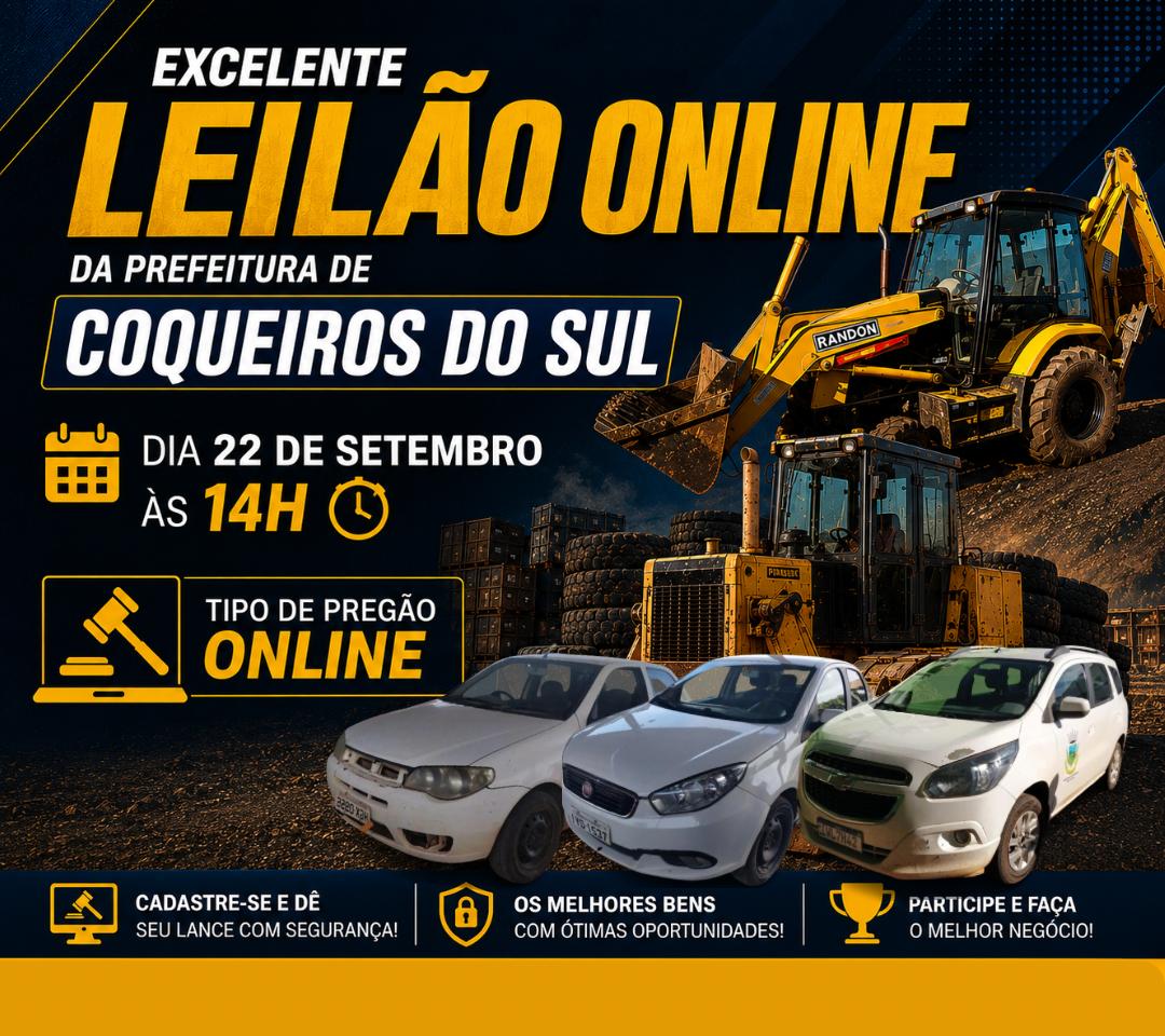 Excelente leilão ONLINE da Prefeitura de Coqueiros do Sul - Dia 22 de setembro às 14h