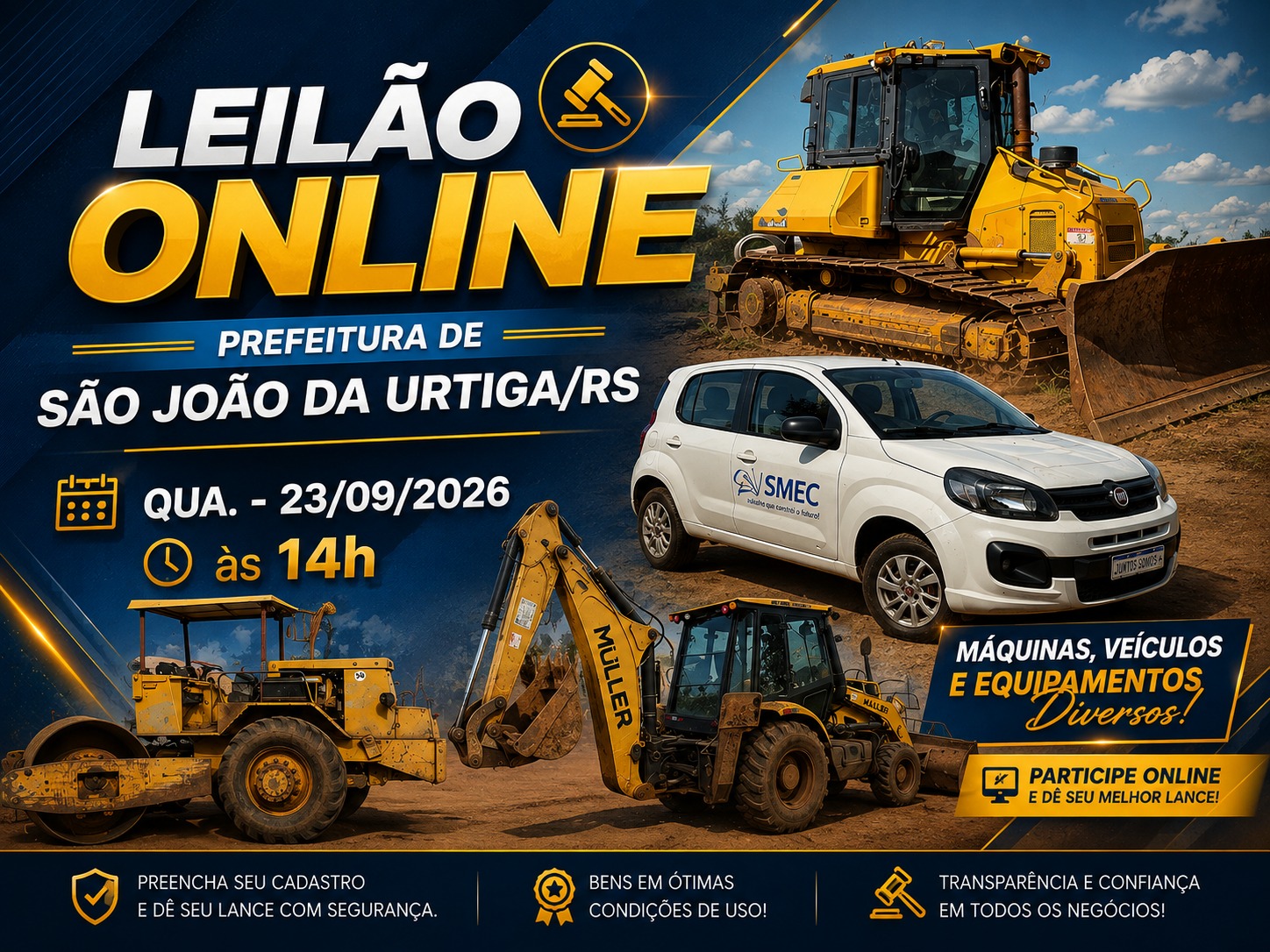 LEILÃO ONLINE - Prefeitura de São João da Urtiga/RS - Dia 23 de setembro às 14 horas