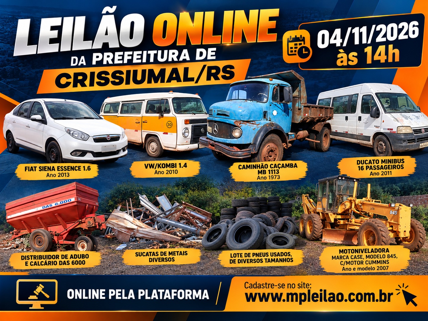 Excelente leilão online da Prefeitura de Crissiumal/RS - Dia 04 de novembro de 2026 às 14h